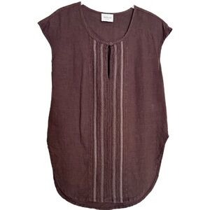 Wrap London Brown Embroidered Linen Blouse Top US 2 Summer Preppy Boho Coastal